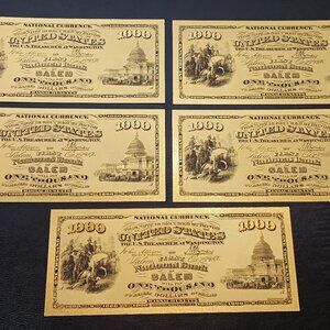 "LOT OF 5"1876 $1000 Bill From The First National Bank of Salem MA 24K Gold Foil